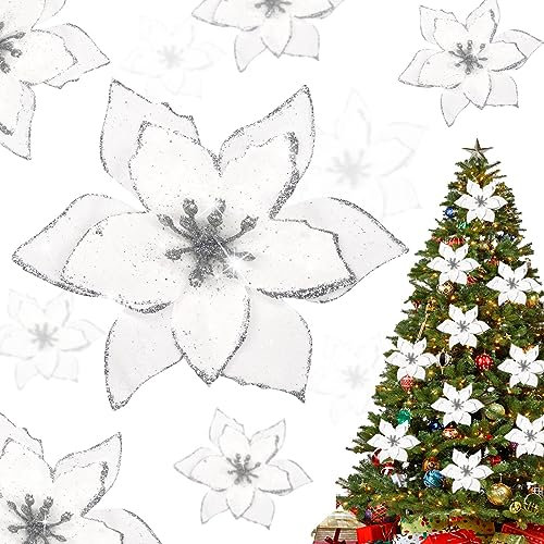 Shining She 10pcs Artificial Christmas Flowers, White Christmas Glitter Poinsettia Flowers Ornament, Artificial Wreath-Flower for Xmas Party Decoration, Xmas Tree Ornaments Decor, White
