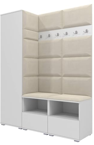 RAVIO Garderoben-Set NELA II mit Zwei Schuhschränke, 150cm Flurgarderobe mit Wandpaneele, Inklusive Montagekleber, Praktischer Wandgarderobe (Weiß + Creme (Trinity 01))