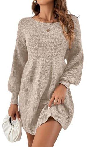 Saodimallsu Damen Rundhals Strickkleid Puffärmel A-Linie Aprikose Groß