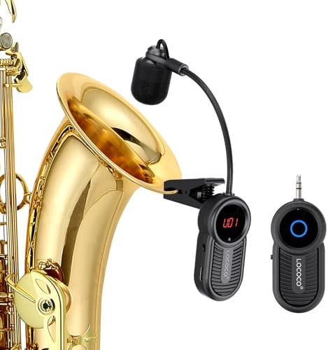 LOCOCO Drahtloses Mikrofon für Saxophon, UHF-Funkmikrofon für Musikinstrumente, Wiederaufladbarer Drahtloser Empfänger und Sender, Anwendbar für Saxophon/Trompete/Posaune