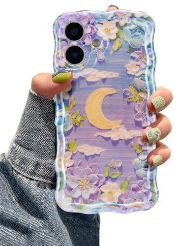 EYZUTAK Case for iPhone 16, Colorful Retro Oil Painting Flower Moon Pattern Laser Cute Curly Wave Edge Exquisite Phone Cover Stylish Durable TPU Protective Case for Girls Women - Purple White