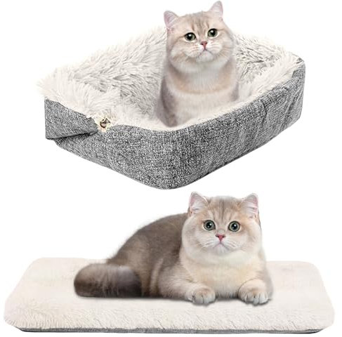 WIYETY 2 in 1 Katzenbett Flauschig Plüsch Weich Katzendecke für Katze, Waschbar Katzensofa Flauschige, Haustierbett Hundebett, für Katze und Kleine Hunde (Grau + Weißer Plüsch)