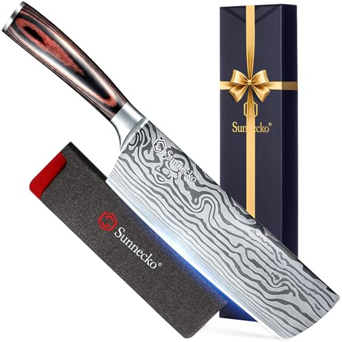 Sunnecko Japanese Nakiri Knife 7 Inch - 15° Edge Carbon Steel Chef Knife Full Tang Forged Blade Vegetable Cleaver with Sheath, Kitchen Gift for Home Cooks & Pros, Father's Day Box