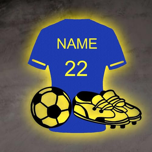 Personalised Football Metal Wall Art Light,Custom Name Football Night Lamp, Led Light Up Sign Soccer Sport Fan Accessories Gifts For Birthday Celebrating-16 Colors Changing (deep blue-8in)