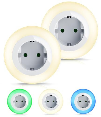 Brandson - 2 x Nachtlicht für die Steckdose - LED Nachtlampe mit Dämmerungssensor und Helligkeitssensor - Auto ON OFF - Orientierungslicht 3 Farben Warmweiß Blau Grün - Kinder Erwachsene Senioren