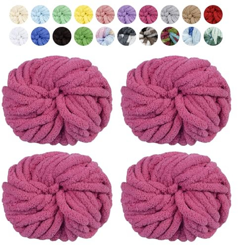 Uiopa Pelote Laine Grosse Maille, 4 x 250g Grosse Laine à Tricoter à la Main, Pelote de Laine Epaisse Chunky Yarn pour Couvertures, Coussins, Chapeaux, Décoration, Bricolages (Rouge Rosé)