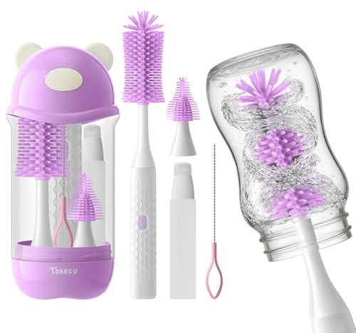 Electric Bottle Brush Cleaner Set, Bear-Shaped Travel Baby Bottle Cleaner Kit with Silicone Nipple & Straw Brush, Soap Dispenser, Drainage Rack, Storage Box(Purple)