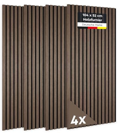 JELLE & JACOB Wandpaneele Akustikpaneele Holz Eiche Dunkel Furnier 104x52 cm, 4er Set 3D Wandpaneele Holz Wandverkleidung, Akustikpaneel Deko Wohnzimmer, Garderobe, Akustik Wand Paneele