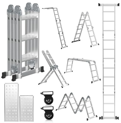 Lospitch 4x3 Mehrzweckleiter, 360cm 7 in 1 Multifunktionsleiter mit 2 plattform, Aluminium Vielzweckleiter mit 2 Transport Rollen bis 150 kg, Arbeitsleiter 12 Stufen, Silber