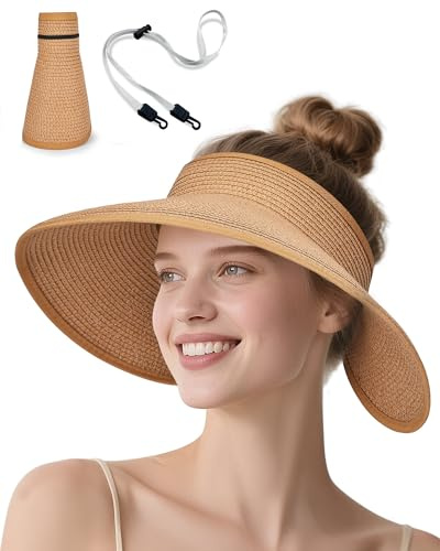 YANIKY Damen Sonnenhut Sun Visor für Damen breite Krempe UV-Schutz Strandhut Faltbar Sommerhut UPF 50+ Strohhut mit Breite Krempe