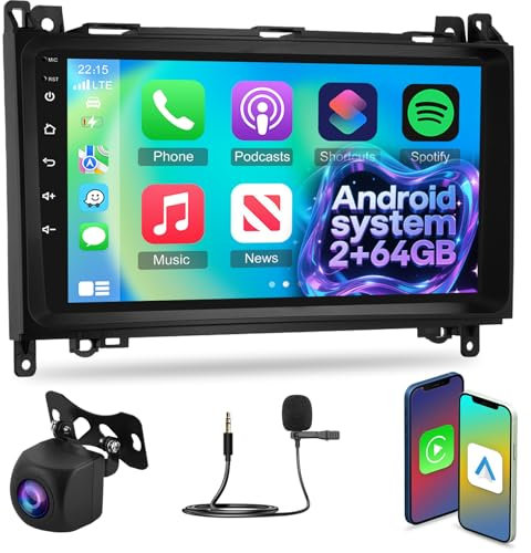 NHOPEEW 2G+64G Autoradio für Mercedes Benz A/B/V Class W169 B200 W639 Vito Viano Sprinter - Kabelloses Carplay & Android Auto - 9 Zoll Radio - WiFi EQ GPS Mirror Link FM RDS + AHD Rückfahrkamera