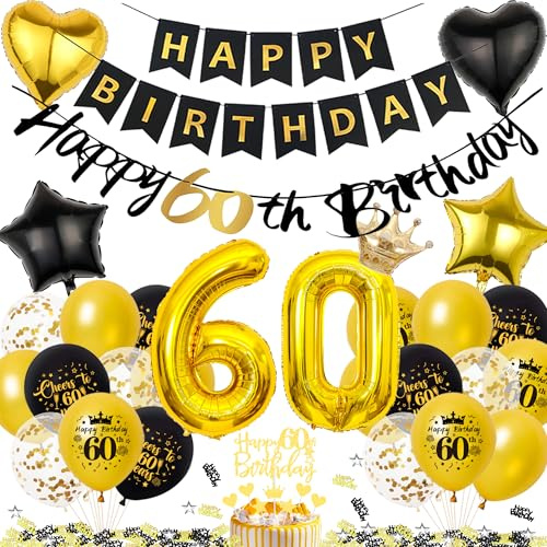 Xietaea Deko 60. Geburtstag Mann Frau - Schwarz Gold 60 Geburtstagsdeko Luftballons Happy Birthday Girlande Tortendeko, Riesen Zahlenballon und Konfetti zum 60. Geburtstagsfeier Dekoration