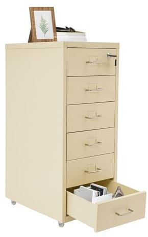 Mobiler Aktenschrank mit 6 Schubladen, Rollcontainer mit Rollen, Schubladenschrank Büroschrank Bürocontainer aus Metall, Aufbewahrungsschrank für Zuhause und Büro (Beige)