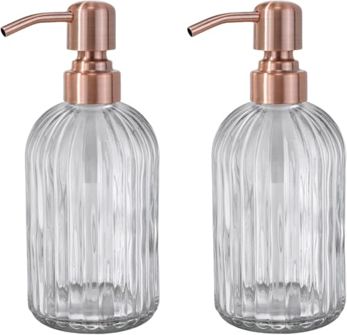 Avola 16Oz Vertical Stripes Glass Soap Dispenser with Copper Rust Proof Pump,Rose Gold Refillable Bathroom Soap Dispensers for Hand soap, Lotion, Kitchen Soap Dispenser for Dish Soap,2Pack