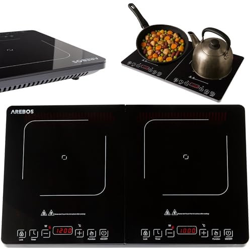 Arebos Placa de inducción doble 3500W | 2 zonas de cocción con pantalla táctil y temporizador | placa de inducción portátil para camping, exterior y cocina | protección contra sobrecalentamiento