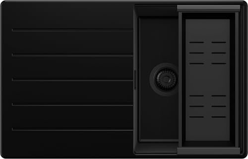 PRIMAGRAN Evier Cuisine en Granit Tout Noir 78x50cm, Lavabo 1 bac + Kit de Vidage, Évier à Encastrer al mueble 45cm - Copenhague S173