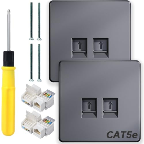 Acmerota Toma de red CAT5 Toma Ethernet 2 puertos RJ45 Placa frontal Ethernet Placa frontal para cable LAN Toma RJ45 gris para caja de tomas de red Ethernet, módulo conector de red sin herramientas