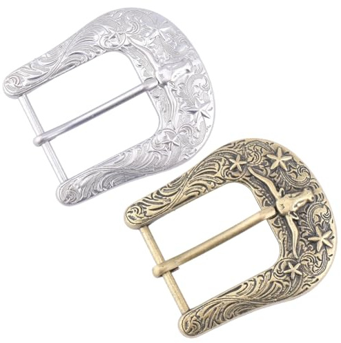 CLAFOVERA 2 Stück Western Cowboy Gürtelschnalle Mit Einzelzinken 2 Farben Vintage Rechteckig Cowgirl Rodeo Longhorn Bulle Taillenbandschnalle Country Cowboy Legierungsverschluss Für Herren(Silber)