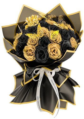 taonganui 36 Stück Glitzer-Rosenstrauß,Glitzer Rosen Bouquet,künstliche Rosensträuße DIY künstliche Glitzer Blumenstrauß mit Krone für Muttertag Hochzeitstag Verlobungstag Geburtstag(Schwarz+Gold)