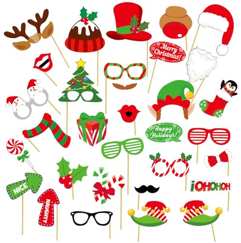 32 Stück Weihnachten Foto Requisiten,Weihnachts Gadgets,Party Deko Accessoires,Fotobox Silvester,Foto Requisiten,Christmas Dekoration,Tischdeko Weihnachtsfeier Photo,Zubehör Booth Fotorequisiten