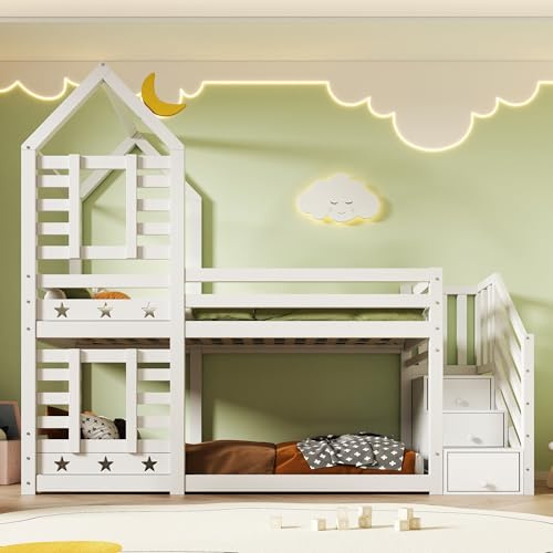 Mielvu Kinderbett, Etagenbett Baumhaus mit Schubladen und Rausfallschutz 90 x 200 cm, Hochbett für Kinder– 2X Lattenrost- Weiß