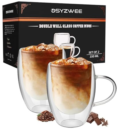 DSYZWEE Latte Macchiato Gläser 350 ml, 2er Set, doppelwandige Kaffeegläser mit Henkel, aus Borosilikatglas, isolierende Cappuccino Gläser für Latte, Milchkaffee & Iced Americano