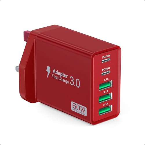 60W USB C Charger Block, 5-Port USB C Plug Fast Charger,2 Ports PD Power Adapter+3 Ports QC Mains Wall Charger,Multiport UK Type C Charging Plug for iPhone 17/16/15/14/13/12 Pro Max,iPad,Samsung-Red