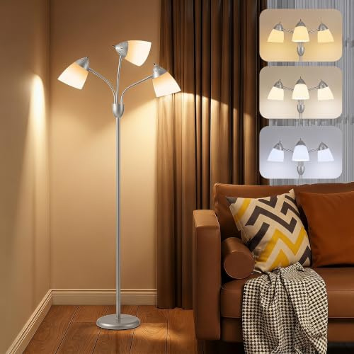 HOMCOM Arc Tree Floor Lamp with Light 155cm, Silver Tone | 3 Adjustable Rotating Head, 3000K/4500K/6500K Colour Temperature, Industrial Standing Lamp, Steel Frame, Bedroom, Living Room