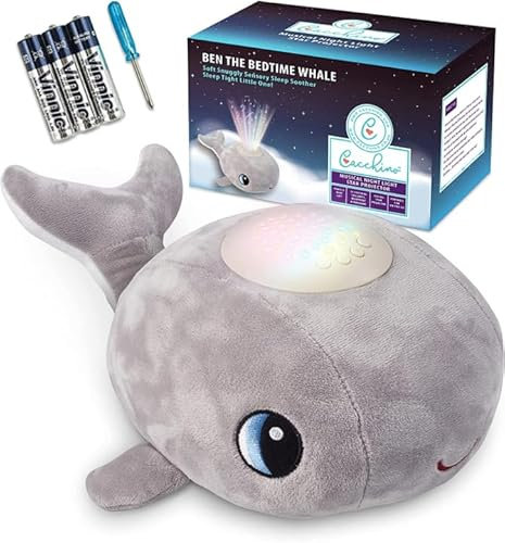 Cacchino® Ben Baby Sleep Soother, Sleep Aid with Musical Night Light Star Projector with Nursery Rhymes, Heartbeat, Soothing Sounds (No Cry Sensor/White Noise). This Plush Whale is an Ideal Baby Gift.