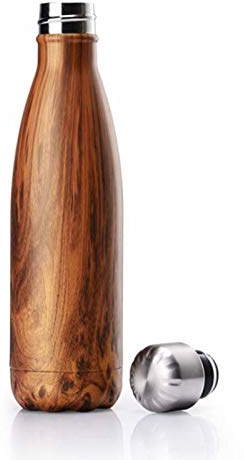 KAV Bouteille d'eau isotherme en acier inoxydable anti-fuite à double paroi pour garder les boissons froides pendant 24 heures et chaudes pendant 12 heures, 500 ml (bois marron)