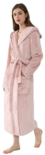 Ladies Fleece Dressing Gown Hooded Soft Fluffy Robe Full length (Pink, Large)