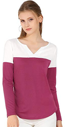 Allegra K Camiseta De Manga Larga con Cuello En V Y Henley Dividida para Mujer Fucsia S