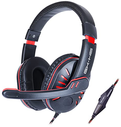 ENHANCE GX-H5 Gaming-Headset mit drehbarem Mikrofon für PC, PS4, PS5, Xbox, Switch - Weich Einstellbarer Kopfbügel, Lautstärkeregler mit geflochtenem Kabel, mitgeliefertes Splitterkabel (Rot)