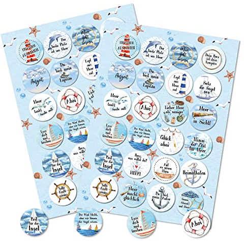 Maritime Aufkleber, 48 liebevolle Sprüche Sticker mit Segelboot Meer blau weiß rund Spruchaufkleber Liebe Freundschaft Ø 4 cm