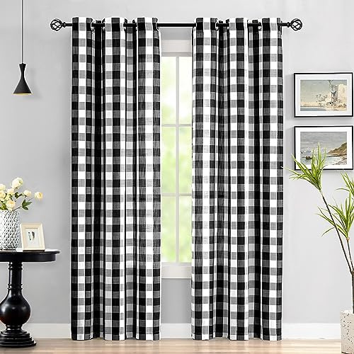 Jubilantex Halbtransparente Vorhänge mit Büffelkaro, kariert, strukturiert, Landhaus-Ösen, Fenstervorhänge für Wohnzimmer, Schlafzimmer, Kinderzimmer, 2 Bahnen, 101,6 x 241,3 cm, Schwarz/Weiß