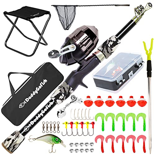 DaddyGoFish Kinder Angelset - Teleskoprute & Rolle Combo mit Klappstuhl, Rutenhalter, Tackle Box, Ködernetz und Tragetasche für Jungen und Mädchen - Schwarz, 5ft