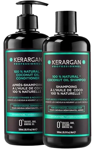 Kerargan - Feuchtigkeitsspendendes Shampoo & Conditioner Duo mit Kokosöl für ausgetrocknetes und geschädigtes Haar - Pflegt die Kopfhaut - Ohne Sulfate, GVO, Silikone, Mineralöl - 2x500 ml