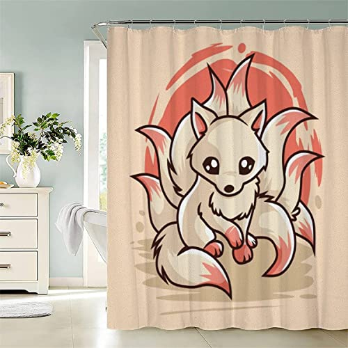KIYAYO Duschvorhang 200x200 cm Anime Duschvorhang Mit Gewicht Saum Antistatisch Sommer Bad Vorhäng Cartoon-Fuchs Mehrfarbig Badvorhang Wasserdicht Textil Duschvorhänge