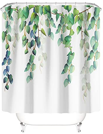 M&W DAS DESIGN Duschvorhang grüne Pflanzen Badezimmer Textil Vorhang Schimmel Resistent Stoff waschbar blau Blätter Oben Polyester Shower Curtain inkl. 12 C-Ringe Gewicht unten