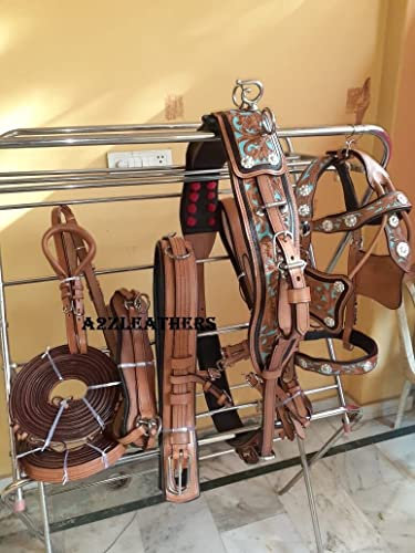 SHOWMEN CRAFT Stilvolles, naturbraunes 3-farbiges Leder-Fahrgeschirr für Einzel-Pferdewagen in 4 Größen (voll)