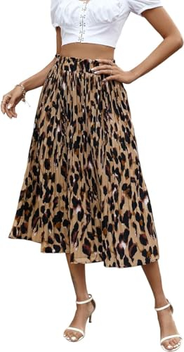 Parabler Damen Midi Rock Elegante Blumen Polka Dot Lang Chiffon Rock Elastische Taille Sommerrock Flatenrock Strandrock mit Taschen Leoparden M