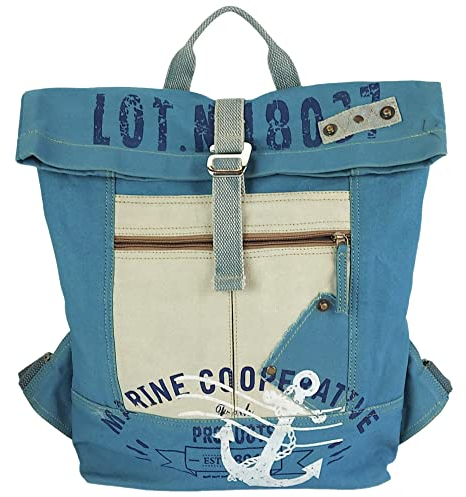 Sunsa Rucksack. XL Leinwand/Canvas Backpack. Rolltop Cityrucksack. Vegane Daypack in Maritim/Anker Design. Freizeitrucksack mit viel Kapazität