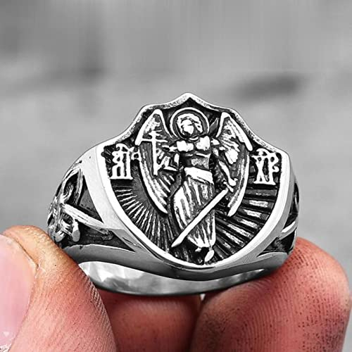 XJruixi Archangel St.Michael Religion Amulet Stainless Steel Mens Rings Punk for Male Boyfriend Biker Jewelry Creativity Gift Wholesale
