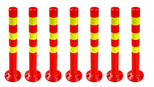 7er Pack Absperrpfosten Kunststoff - 72,5cm reflektierend Absperrung für Lagerhalle, Parkplatz mit Standfuß - Befestigung mit Schrauben Absperrständer - Park Pfosten Leitpfosten Poller Sparset