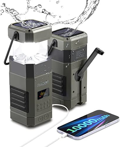 [10000mAh Waterproof] Raddy SL10 Emergency Radio, Hand Crank Solar Camping Lantern, IPX6 Wireless BT Speaker, AM FM NOAA, Flashlight, SOS Alarm for Power Outage Camping