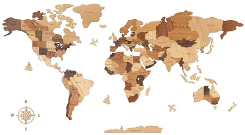 Creawoo Mappa del mondo 3D multistrato, decorazione da parete, biglietto da viaggio multicolore in legno, 100 x 57 cm
