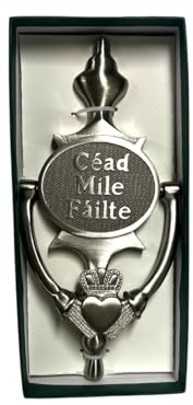 Exclusively Irish Cead Mile Failte Türklopfer, oval, Claddagh-Stil, Satin-Nickel (satiniertes Nickel)