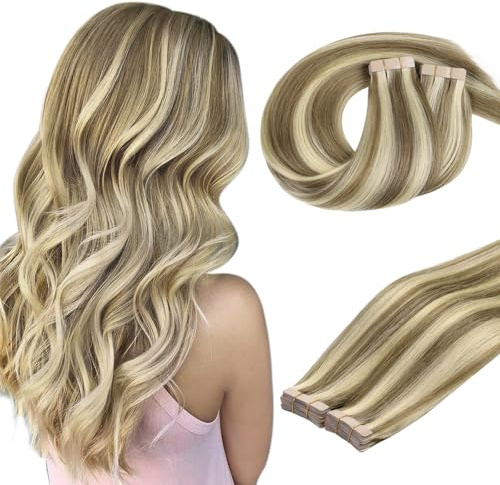 DOORES Tape in Hair Extensions, Light Brown Highlighted Medium Blonde 18 Inch 100g 40pcs, Hair Extensions Tape in Remy Straight Skin Weft for Women