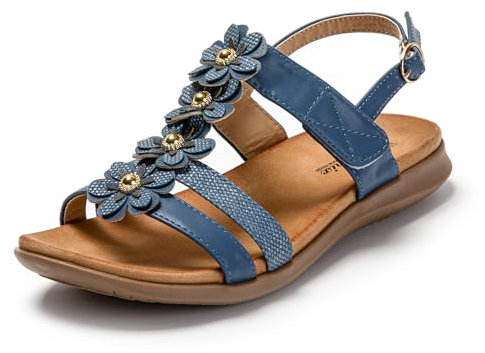 JOMIX Sandale Femme avec Fleurs Sandales Plates Femme Été élégantes Confortable pour Maison Plage (Blue, 36)