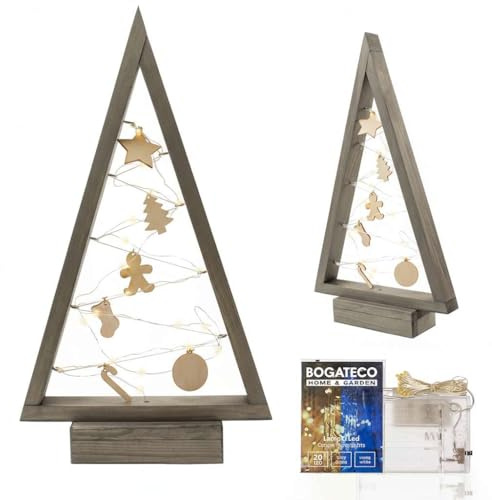 BOGATECO Weihnachtsbaum aus Holz mit LED Beleuchtung 52cm hoch | Holzdekoration inklusive | Weihnachtsdekorationen | 20 LED |